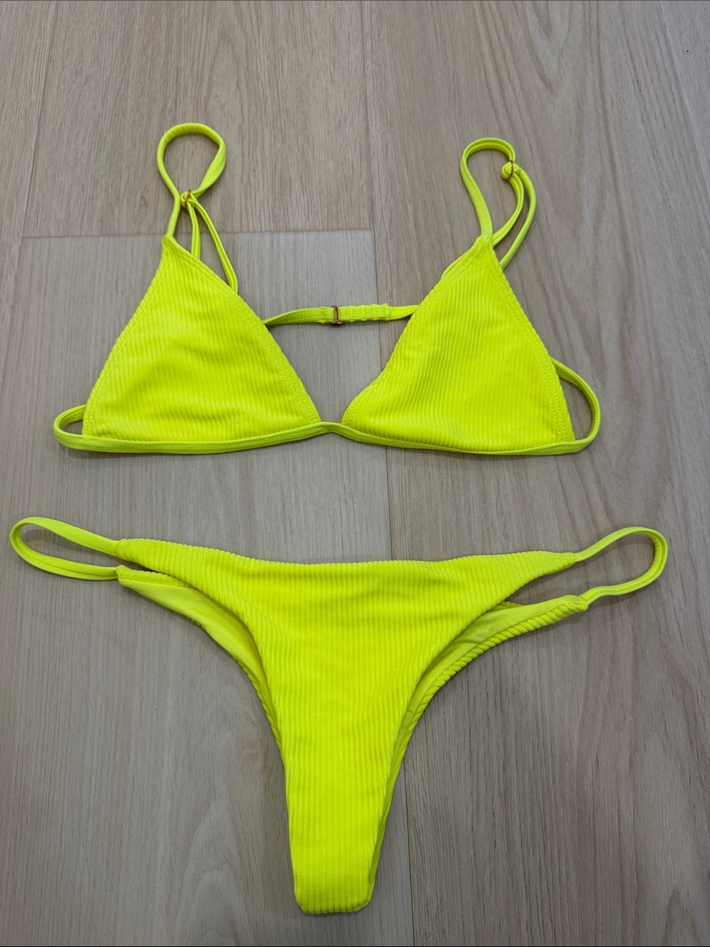 Frankie B. Womenβs Neon Yellow Ribbed Triangle Bikini Set S/M